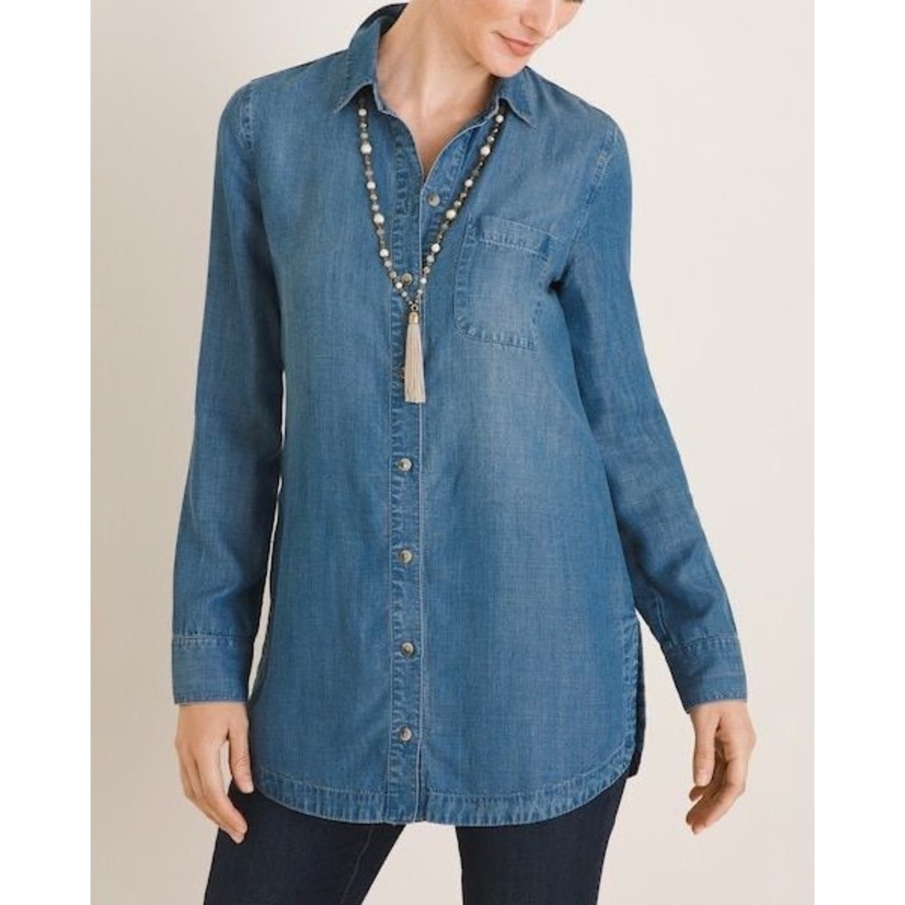 Chicos Tencel Lyocell Denim Tunic Shirt Blue Long Sleeve Button Down Size 2 L g5